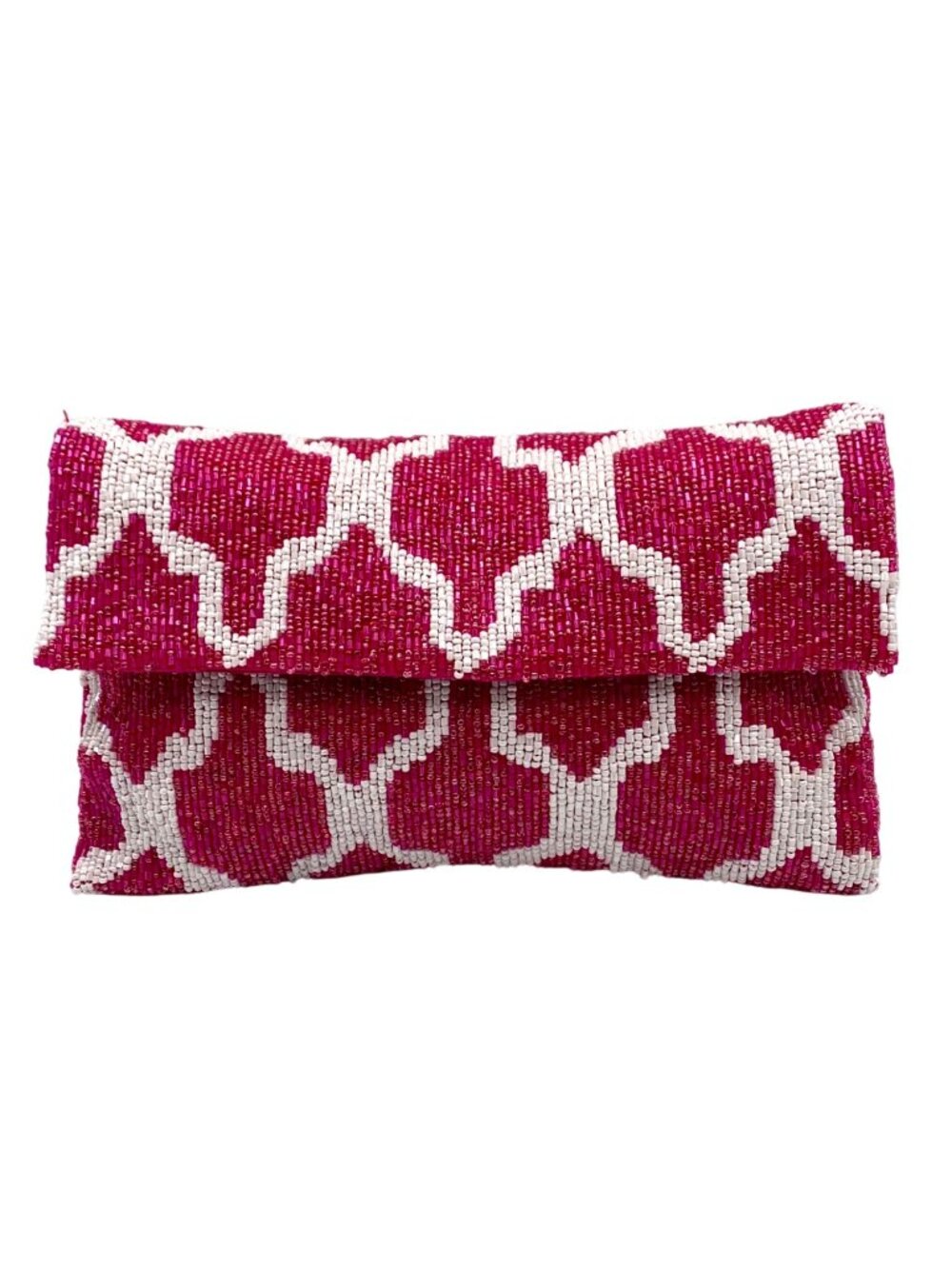 Moyna by Anthropologie Pink and White Beaded Abstract Envelope Clutch